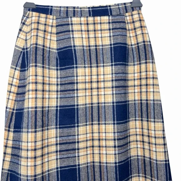 VTG Pendleton 100 % Virgin Wool Plaid Skirt 9/10 Blue Tan A-Line Midi USA Preppy - Picture 5 of 12